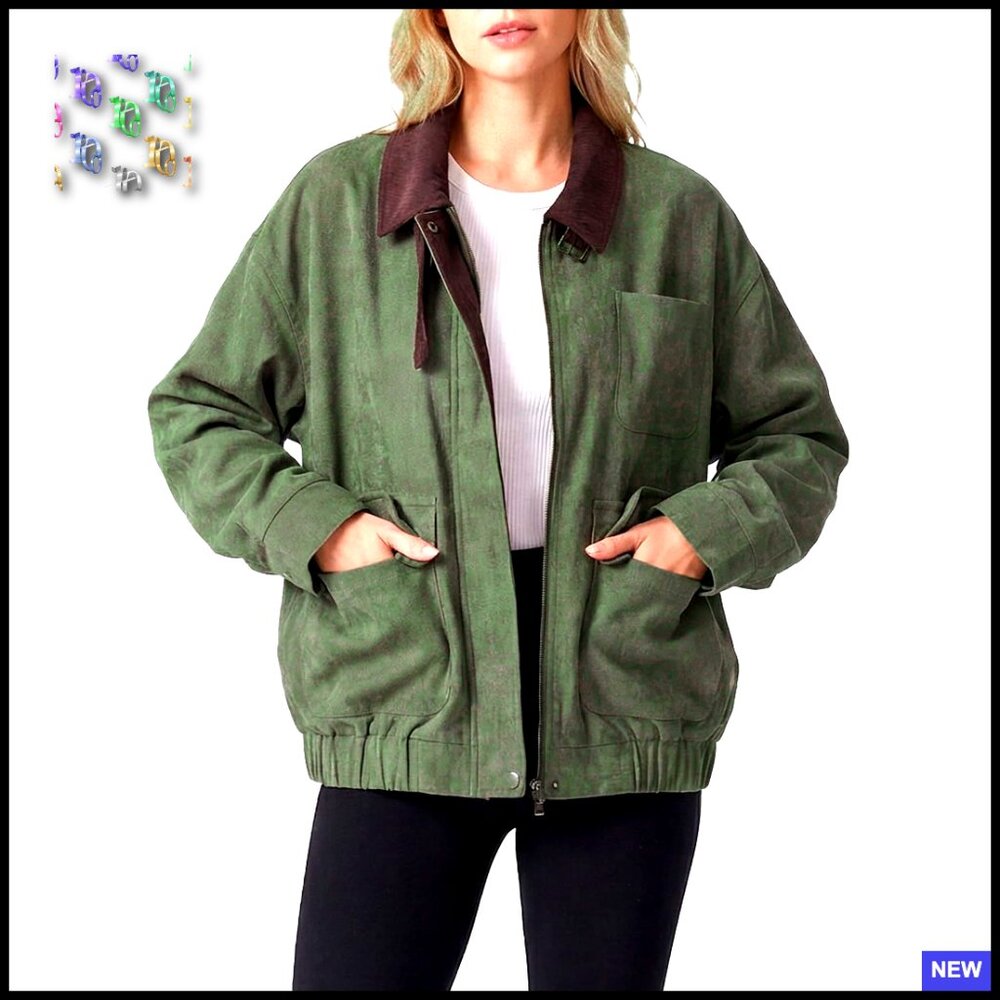 Faux Suede Bomber Jacket Oversized Barn Coat Corduroy Collar Trendy Outerwear